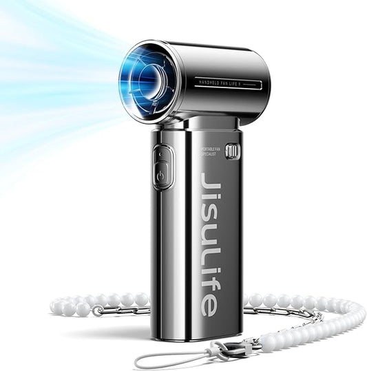 JISULIFE Portable Handheld Fan Life9, Turbo Power High Speed Air [18H Max Cooling Time], 5 Gear Wind, 5000mAh Rechargeable, Mini Pocket Design, Personal Fan for Travel Concerts Camping Makeup - Chrome
