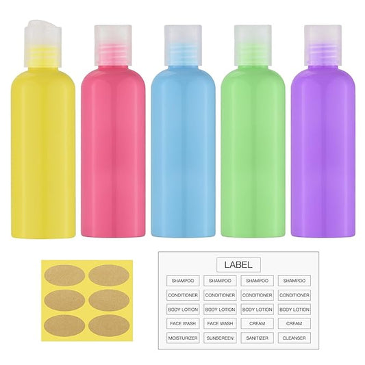 Travel Bottles for Toiletries 3.4 oz - Travel Size Containers for Shampoo Plastic - Small Empty Lotion Squeeze Bottle for Liquid TSA Approved - Leak Proof Mini Conditioner Refillable 5Color 100ml