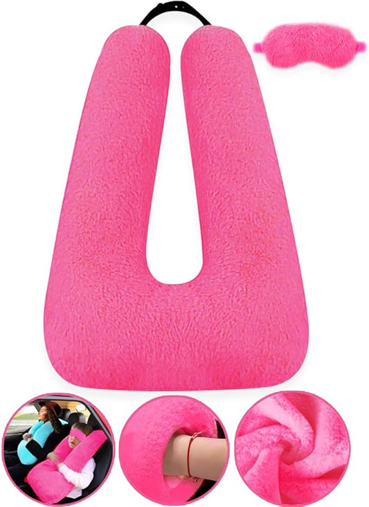 Sexysamba Travel Pillow with Sleep Mask Set Car Pillow Kids Travel Pillow for Sleeping U Shaped Car Seat Pillow Head Neck Body Support for Kids and Adults Road Trip Accessories,Rose Red