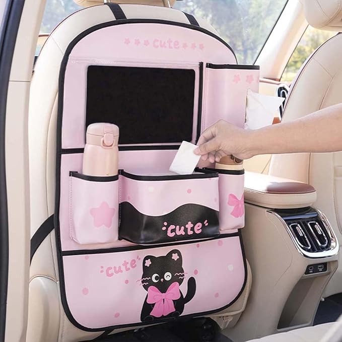 YUNZLAN Pink Black Backseat Car Organizer, Leather Kick Mats Back Seat Protector Organizer with Touch Screen Tablet Holder for Kids Travel Accessories