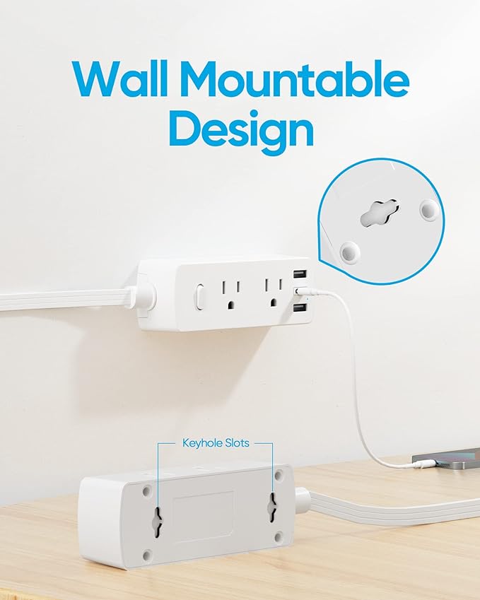 Flat Extension Cord 10ft, Olcorife Flat Plug Power Strip with 6 Outlets 3 USB Ports(1 USB C), 3-Side Outlet Extender Surge Protector for Home Office Dorm Room Essentials, White