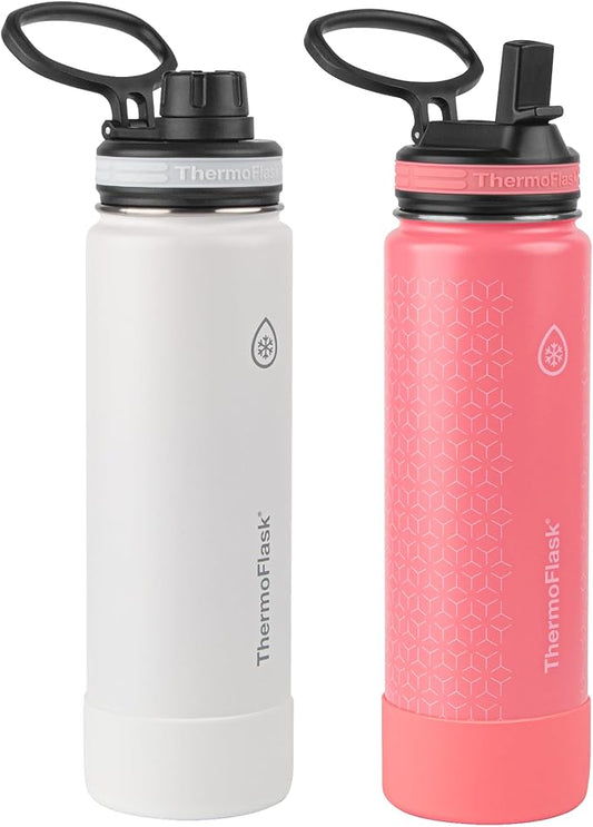 Thermoflask 24 oz Bottle with Spout and Straw Lid - Stainless Steel, Double-Wall Insulation & BPA-Free - Leakproof, Resuable - White/Coral (2 Pack)