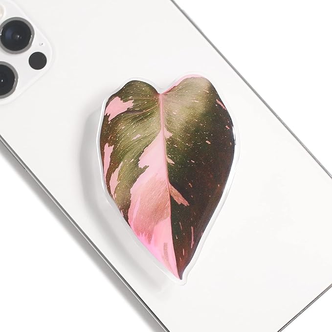 OnTheGrip Cute Acrylic Tropical Leaf Design Collapsible Expandible Mobile Phone Grip Stand Holder for Smartphone Tablet Cell Phone Accessory (Pink Princess)