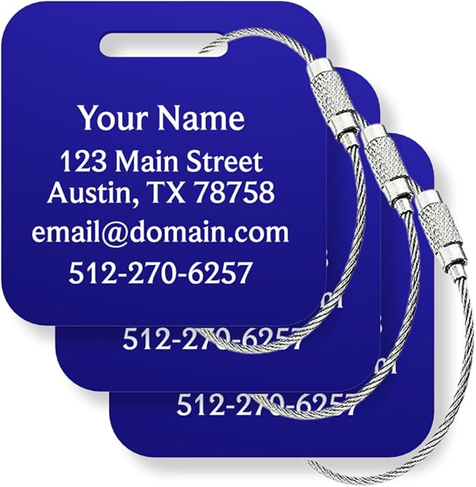 Custom Metal Luggage Tags (3 or 6 Pack) - Personalized Unique Suitcase & Backpack Travel, Durable, Waterproof & Heavy Duty (Blue)