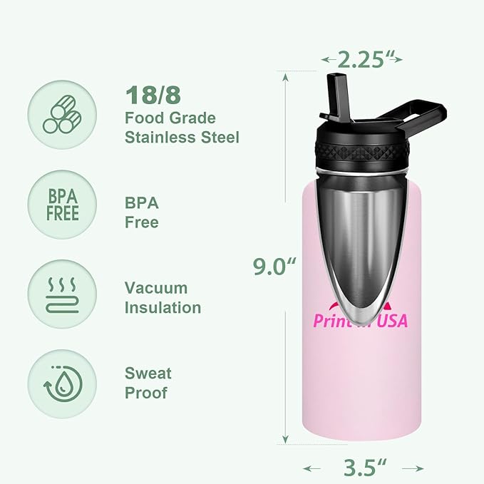 Personalized Custom Print in USA Water Bottle 50Pcs 32oz Stainless Steel Double Wall Coffee Cup with Lid & Straw Insulated Tumbler with Colorful Text Logo Photo