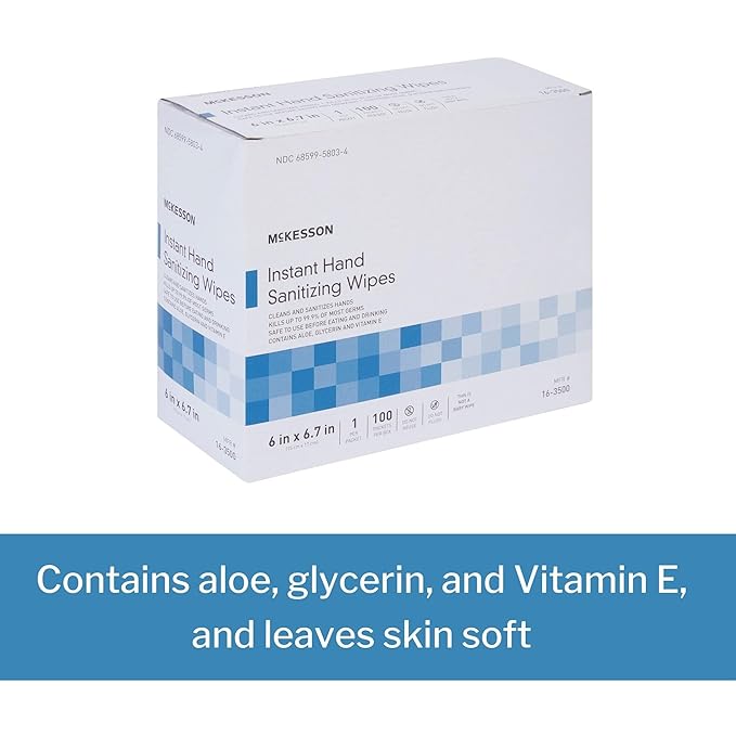 McKesson Hand Sanitizing Wipes [100 Count] Alcohol Wipes with Aloe and Vitamin E, Travel, Individually Wrapped