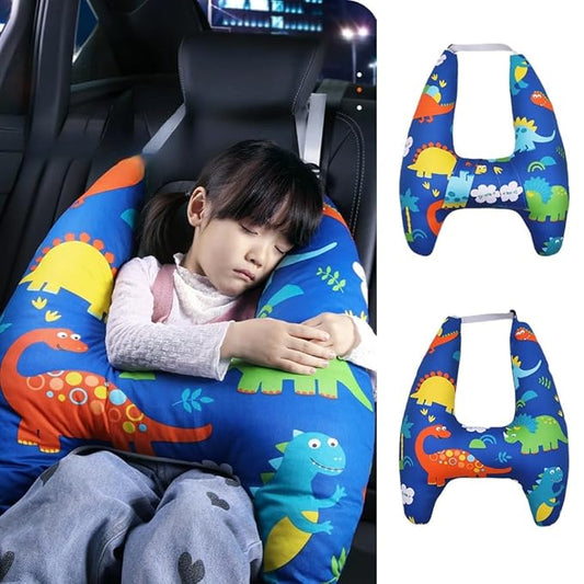 Travel Pillow Car Cushion for Kids 6 Years Old+ Shoulder Neck Back Support & Seat Belt Comfort, Road Trip Cozy Sleeping Gift for Young Travelers, Parents, Families, Baby Shower (Dinosaur Blue)