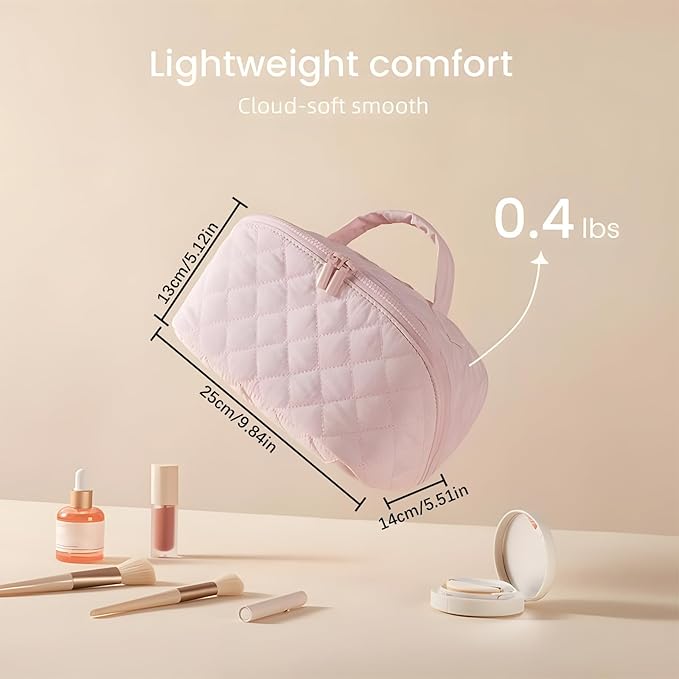 Amposei Makeup Bag Travel Toiletry Bag,Travel Makeup Bag for Women, Puffer Waterproof Cosmetic Organizer, Large Capacity Pouch Open Flat Small Toiletry Bag with Brush Compartment & Handle (Pink)
