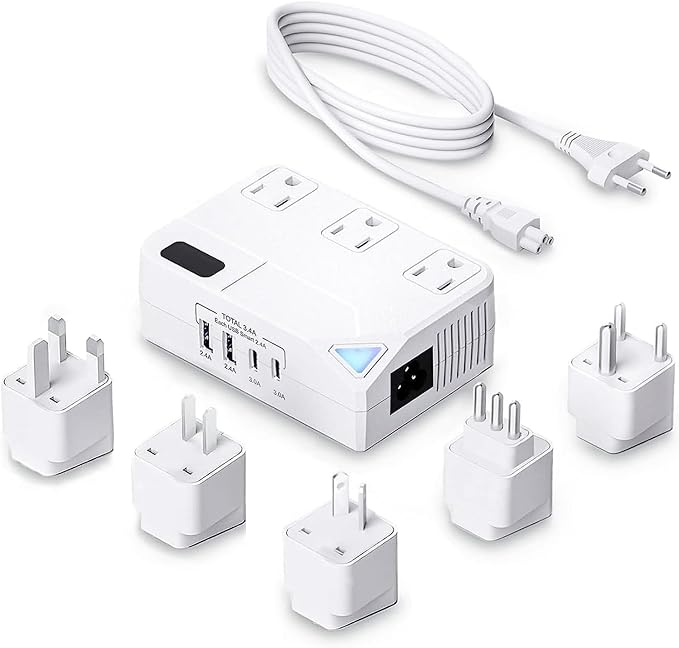 250W Conversion Plug, International Travel Converter with 2 USB and 2 USB-C Ports, lowering 220V to 110V for 100V-240V Areas and Different Countries Plugs Using US Electrical Devices