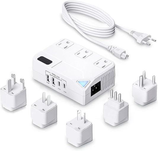 250W Conversion Plug, International Travel Converter with 2 USB and 2 USB-C Ports, lowering 220V to 110V for 100V-240V Areas and Different Countries Plugs Using US Electrical Devices