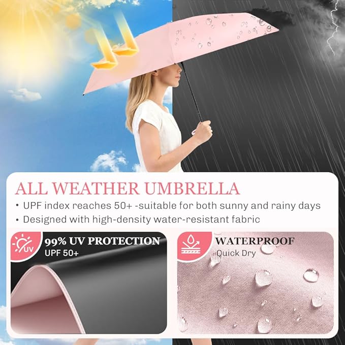 TOPSAIL Mini Umbrella Compact for Travel, UV Sun Protection(UPF50+), Waterproof for Light Rain, Suitable for Women & Kids With a Case, Manual 6k Folding Small Pocket Size Ufor Backpack/Purse