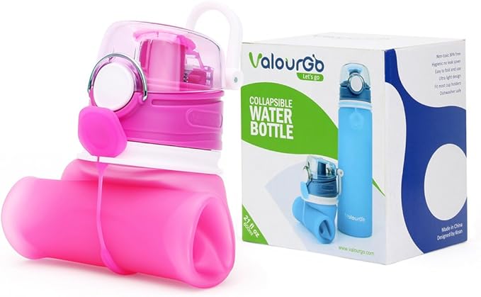 Valourgo Collapsible Water Bottle, Silicone Foldable with Leak Proof Valve BPA Free, Aqua Blue, 21 oz