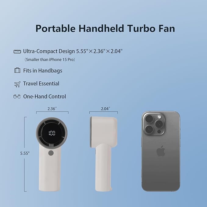 2025 Upgraded Portable Handheld Turbo Fan with 20-Hour Battery - Rechargeable Mini Fan with Digital Display, Anti-Slip Base, 5000mAh Capacity - Personal Fans for Travel, Vacation, Beach(White)