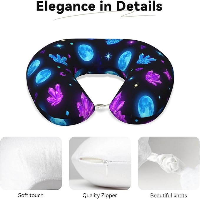 Support Neck Pillow for Youth Travel, Washable Airplane Chin Supporting and Relax U Shaped Pillows Trippy Purple Goth Moon Crystals Black Sky