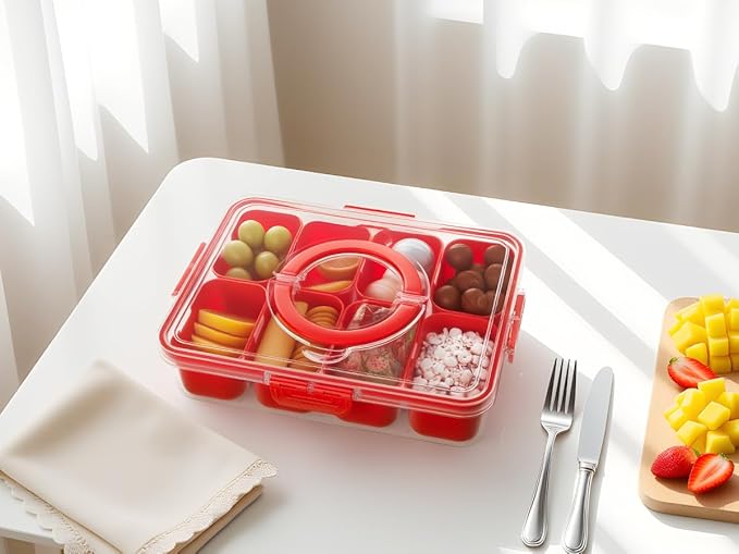 Divided Serving Tray with Lid and Handle - Snackle Box Charcuterie Container for Portable Snack Platters Organizer for Candy, Fruits, Nuts, Snacks - Perfect for Party, Entertaining, Red