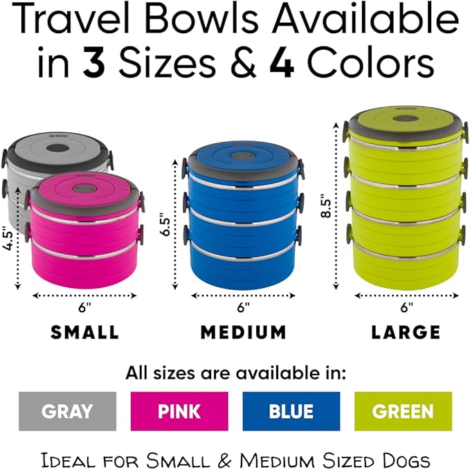 Healthy Human Travel Pet Bento Bowls - Human-Grade Stainless Steel & BPA-Free, Leak-Proof Water & Food Container Set for Dogs & Cats, 2-Pack Interlocking Bowls, Includes Spare Clips & Handle (Gray)