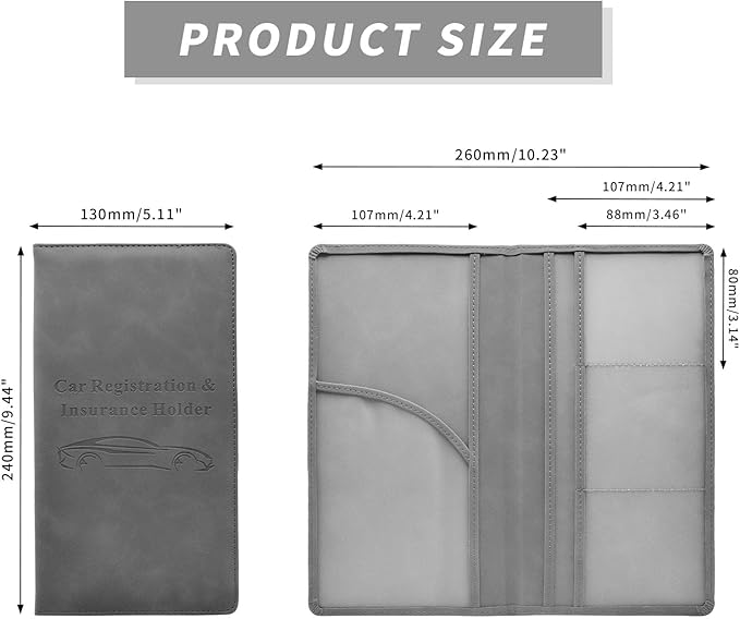 Car Registration and Insurance Card Holder - Vehicle Glove Box Document Organizer - Premium PU Leather Wallet Case - Driver License - Gray