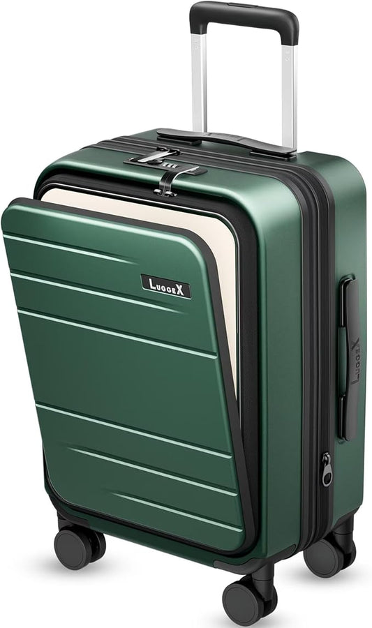 LUGGEX Carry On Luggage 22x14x9 Airline Approved, FLO5 Expandable Polycarbonate Suitcase with Front Pocket (FX-Core, Green, 20 Inch)