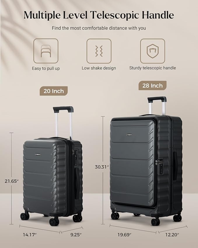 Luggage Sets 2 Pieces, 20/28 Inch PC Hardshell Suitcase with Spinner Wheels, 20 Inch Expandable Clamshell Carry On Luggage and 28 Inch Aluminum Frame Top Opening Checked Luggage (Grey)