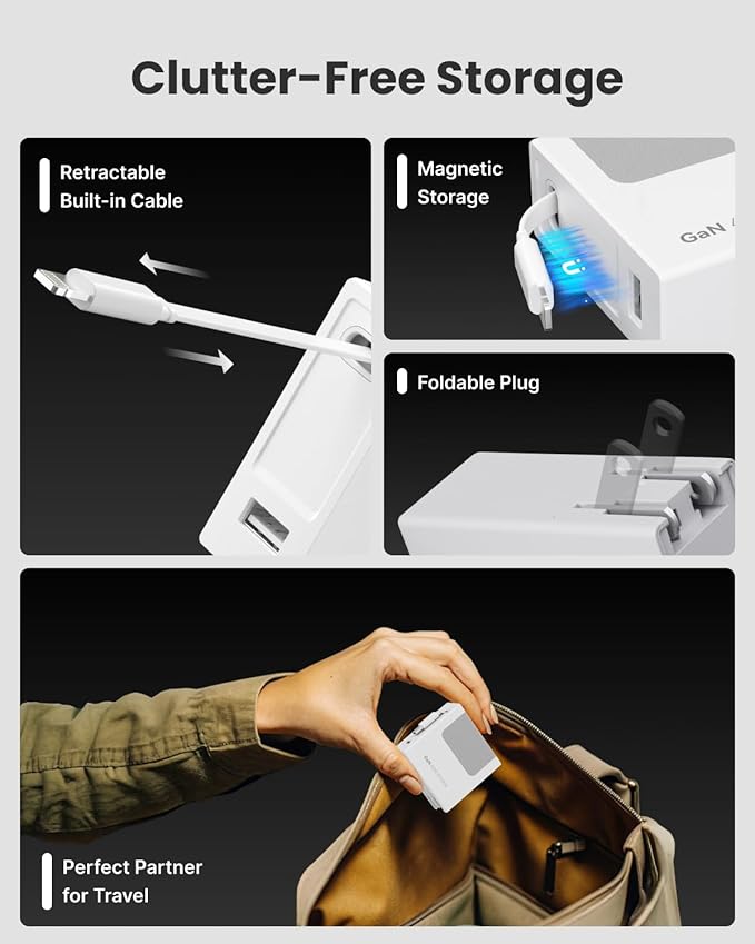 Gitryin Portable Charger Block, Retractable Wall Charger, 40W PD Fast Charging Block with 33.5in Lightning Cable, Power Adapter with Foldable Plug for iPhone14/13/12, White