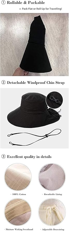 Comhats S/M/L/XL/XXL Womens Summer Flap Cover Cap Cotton UPF 50+ Sun Shade Hat with Neck Cord