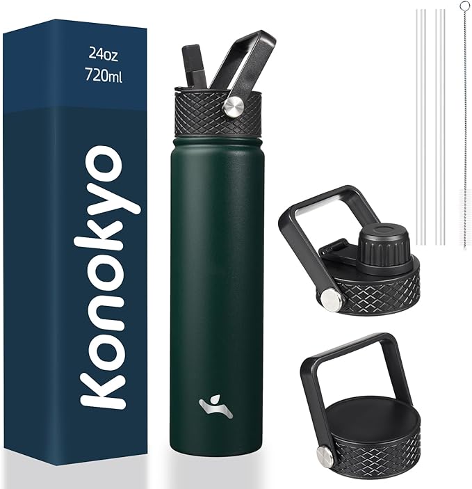 Insulated Water Bottle 24oz Stainless Steel Sport Bottles with 3 Lids,Army Green