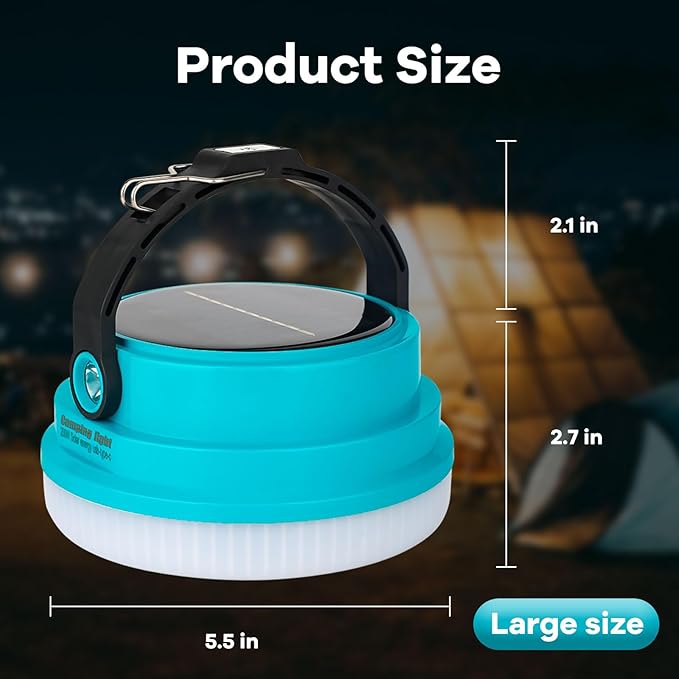 Solar Camping Lantern Rechargeable, 2-in-1 10000mAh Rechargeable Camping Light and Phone Charger for Hiking,Travel - Emergency Hanging Light for Hurricane, Power Outage, 200W, Blue