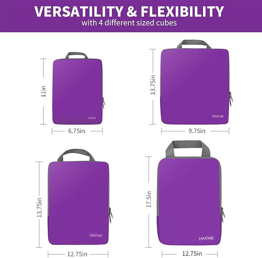 BAGAIL 4 Set/6 Set/8 Set Compression Packing Cubes Travel Accessories Expandable Packing Organizers (Cloth Pattern, 4-Purple)