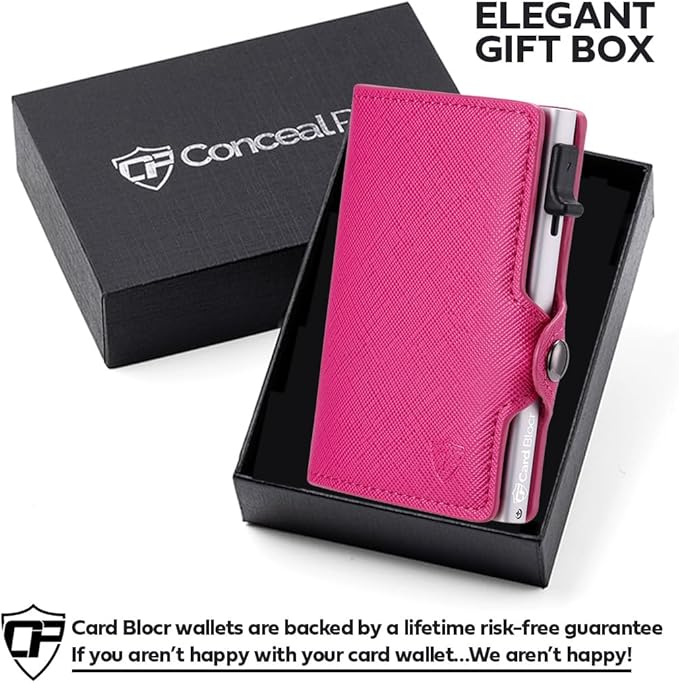 Card Blocr Womens Slim Wallet for Small Purses, Pop Up Wallet with Anti Theft RFID Blocking Credit Card Holder for Women in Pink PU Saffiano