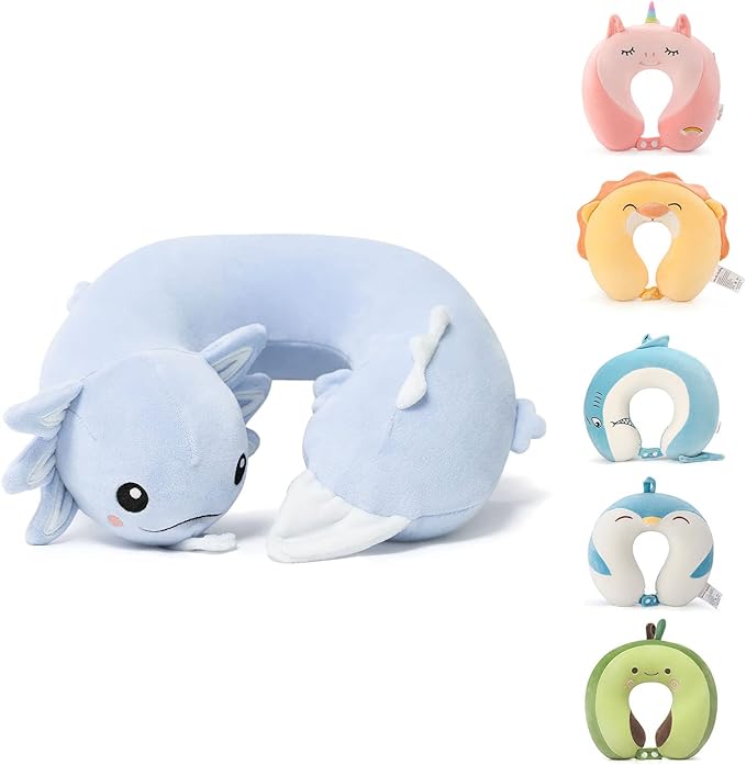 Niuniu Daddy Axolotl Neck Pillow for Traveling, Memory Foam Cervical Travel Neck Support Pillows Portable for Airplane Car Sleep, Long Trip Age 8+ Children with Boys Girls Including Adults