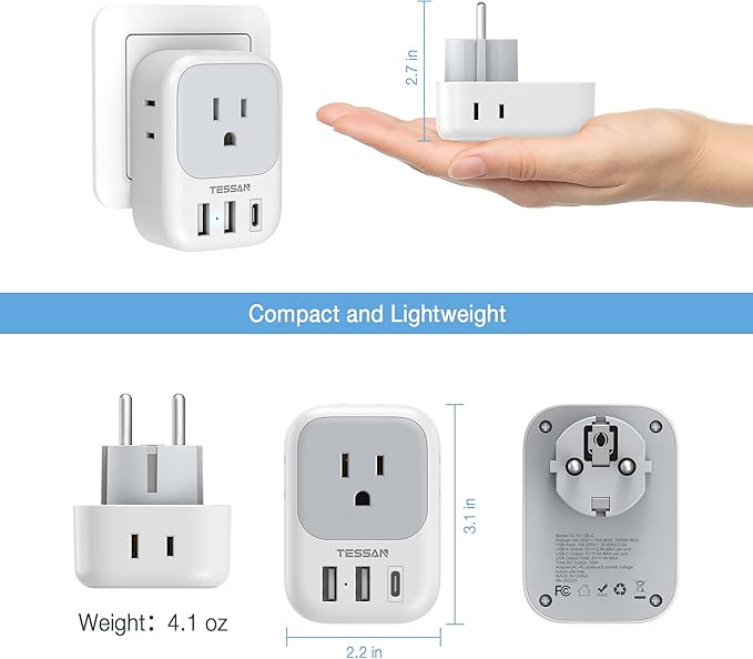 TESSAN Type E F Plug Adapter, Germany France Power Adapter with 3 USB Ports(1 USB C), 4 AC Outlets Travel Adaptor for US to Europe EU Spain Iceland Korea Greece Russia German French