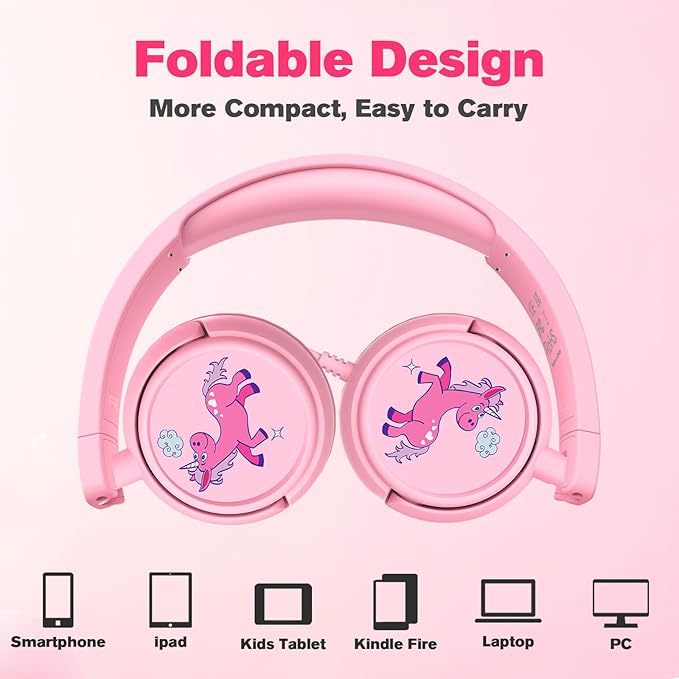 K6 Kids Headphones, 85/94dB Volume Limit Wired Headphones for Kids,3.5mm Jack Foldable Stereo Sound Toddler Headset with Mic, On-Ear Headphone for Smartphones/iPad/Tablet/Plane/Travel (Pink)