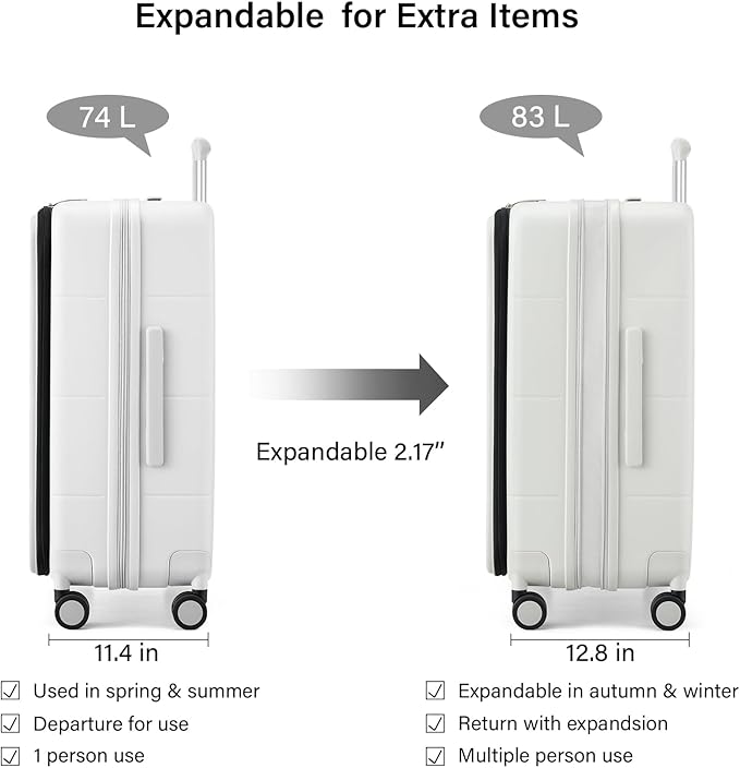 Hanke Hardside Expandable Checked Luggage, 24 Inch Top Opening Trunk Luggages with Spinner Wheels, All-PC Hard Shell Suitcase, Lightweight TSA Checked-Medium(Smoke White, 83L)