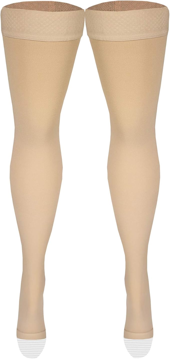 Amazon Basic Care Medical Compression Stockings, 20-30 mmHg Support, Women & Men Thigh Length Hose, Open Toe, Beige, Large (Previously NuVein)