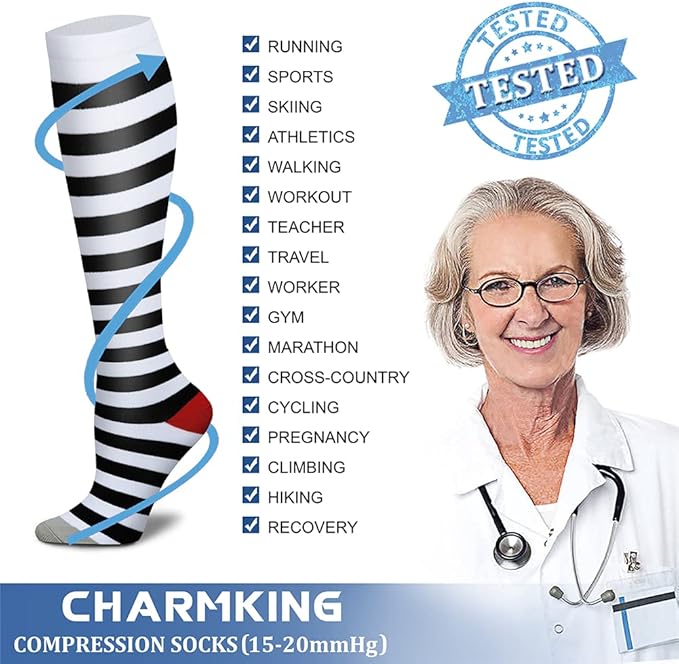 CHARMKING Compression Socks for Women & Men Circulation (8 Pairs) 15-20 mmHg is Best Support for Athletic Running,Cycling