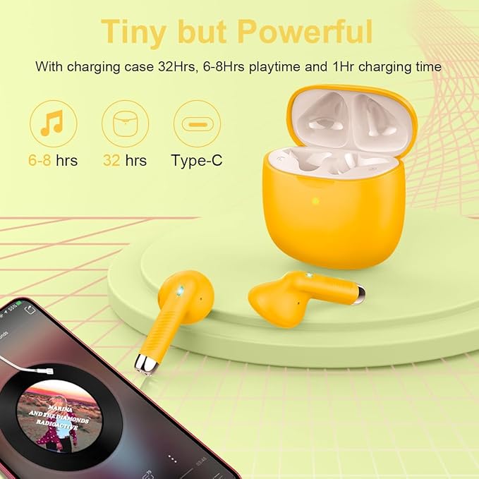 Wireless Earbuds, Bluetooth 5.4 Earbuds Stereo Bass, Bluetooth Headphones in Ear Noise Cancelling Mic, Earphones IP7 Waterproof Sports, 32H Playtime USB C Charging Case Yellow Ear Buds for Android iOS