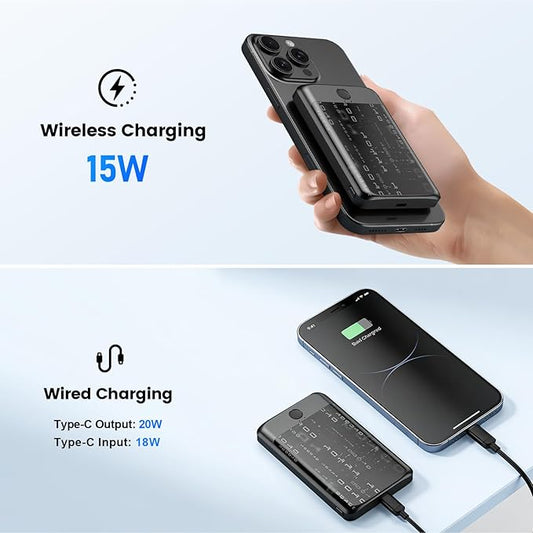 Magnetic Portable Charger Power Bank 5000mAh, 15W Ultra Slim Fast Charging Wireless Charger, Travel Essential for iPhone 17/16/15/14/13/12 Pro, iPad, Android, Metal Shell with USB-C Cable (Grey)