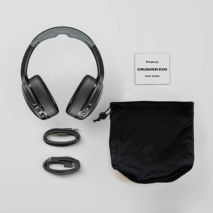 Skullcandy Crusher Evo Wireless Bluetooth Headphones with Multi-Sensory Bass, Noise Isolating Over-Ear Fit, Up to 40 Hours Battery, Microphone for iPhone Android - True Black
