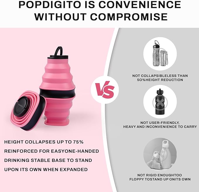 Collapsible Water Bottles with Anti-Collapse Ring,600ml Foldable Water Bottle BPA Free Reusable Lightweight LeakProof Silicone for Travel Hiking Camping Gym Sports，Collapses to 1.5” Pink