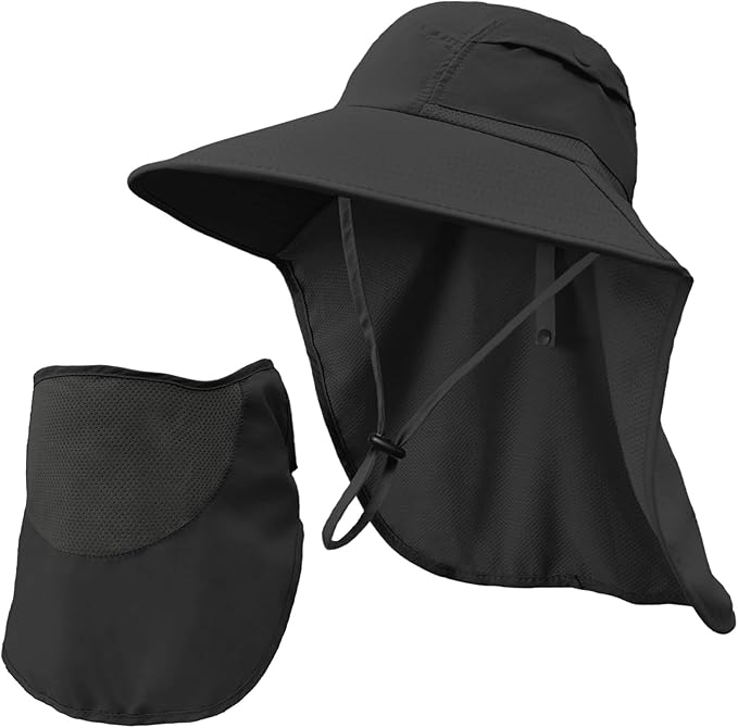 Sun Hats for Men Women Detachable Face Cover Wide Brim Fishing Hats with Neck Flap UPF 50+ Outdoor Safari Hats
