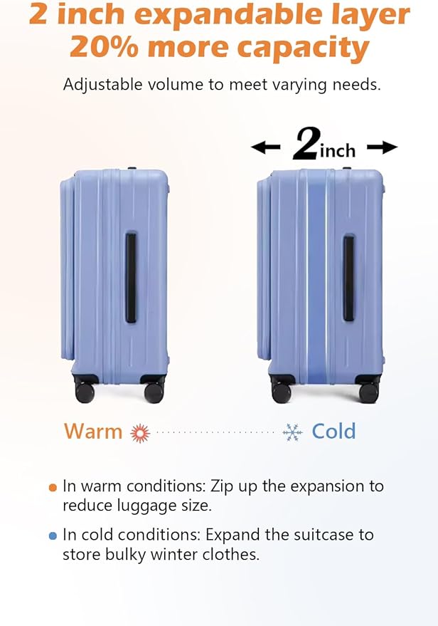 HotWay 19 Inch Expandable Carry On Luggage with Cup Holder, Hardside TSA Approved Luggage with Spinner Wheels, Top Opening Suitcase For Travel, Blue