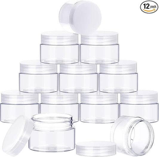 SATINIOR 12 Pack 32 oz Plastic Container Jars with Lids Round Clear Travel Cosmetic Container Slime Jars for Toiletries, Lotion, Cream, Ointments, Makeup, Rhinestone, Samples, Kitchen Storage(Clear)