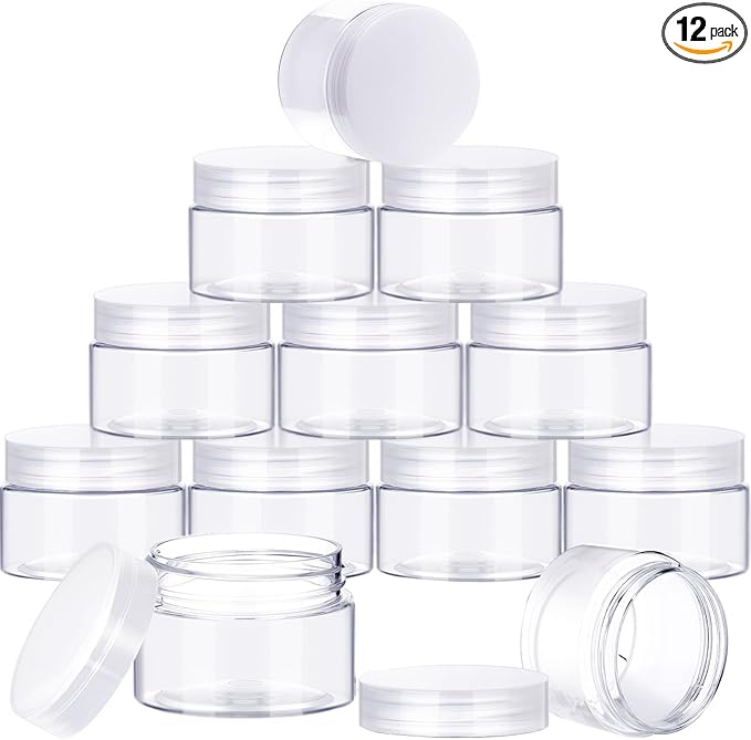 SATINIOR 12 Pack Plastic Container Jars with Lids Round Clear Travel Cosmetic Container Jars for Toiletries, Lotion, Cream, Ointments, Makeup, Rhinestone, Samples, Kitchen Storage(2 oz,White)