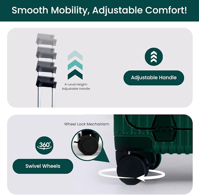 NOBL Travel Carry On Luggage, Noble Zipperless Aluminum Frame PC Hard Shell Suitcase, 20.8x15x8.7 Airline Approved, 360° Spinner Wheels, TSA Locks, USB Charging Port, Cup & Phone Holder - Forest Green