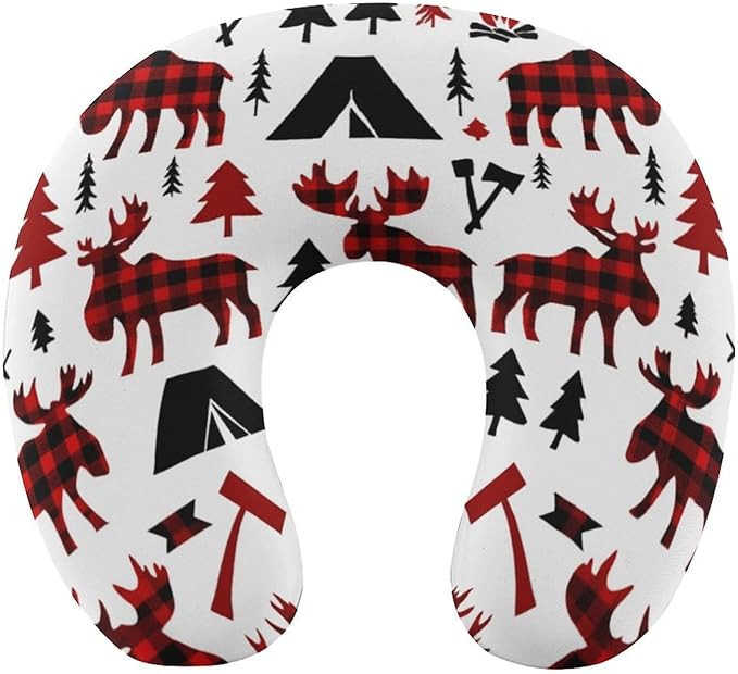 Memory Foam U-Shaped Travel Pillow Neck Pain Relief, Buffalo Plaid Woodland Moose Art U-Shape, Removable Cover Airplane Car Office