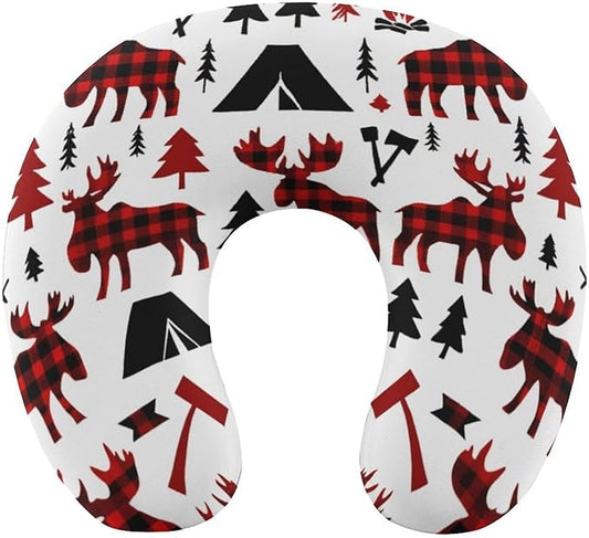Memory Foam U-Shaped Travel Pillow Neck Pain Relief, Buffalo Plaid Woodland Moose Art U-Shape, Removable Cover Airplane Car Office