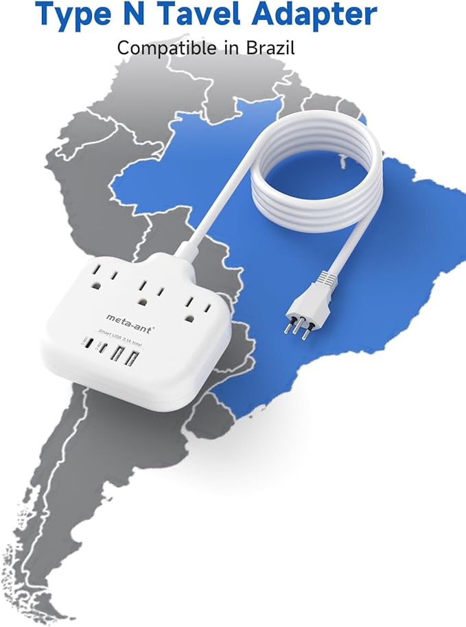 Brazil Power Adapter with 5FT Extension Cord, meta-ant US to Brazil Travel Plug with 3 American Outlets and 4 USB Charger Port(2 USB C), Type N Adaptor for USA to Brazilian Brazil, White