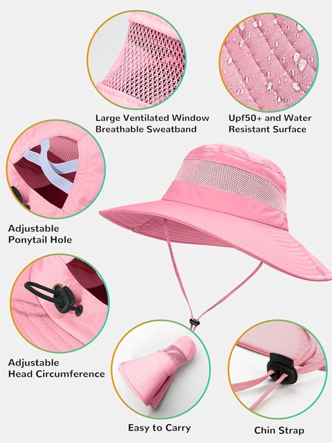Sun Bucket Beach Hats for Women with Ponytail Hole,Sun Protection UV UPF50+ Waterproof Fishing Safari Hiking Hat