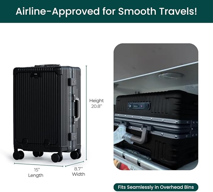 NOBL Travel Carry On Luggage, Noble Zipperless Aluminum Frame PC Hard Shell Suitcase, 20.8"x15"x8.7" Airline Approved, 360° Spinner Wheels, TSA Locks, USB Charging Port, Cup & Phone Holder - Jet Black