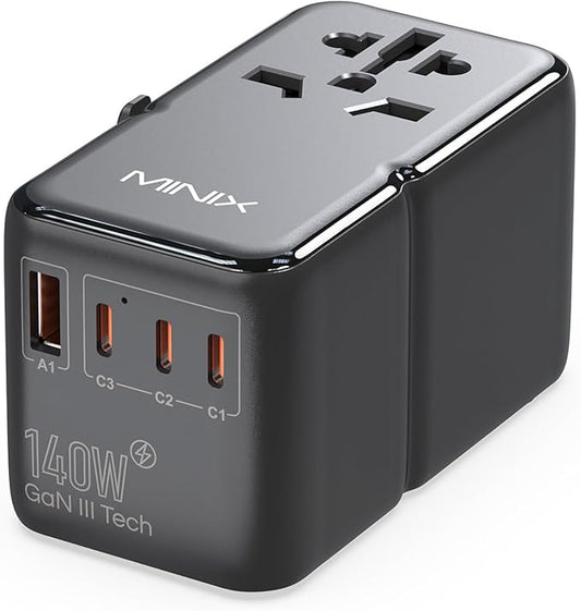 MINIX 140W Universal Travel Adapter, GaN III International Power Adapter, 3 USB-C 1 USB-A Ports, AC Outlet, Worldwide US/UK/EU/AU Travel Charger for Cameras Laptops Tablets Phones and More